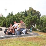 At a castle with many tourists