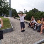 At a castle with many tourists