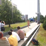 At a castle with many tourists