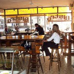 In a bistro with a big window