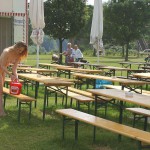 Cleaning tables in a beer garden