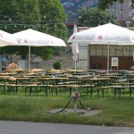 Cleaning tables in a beer garden