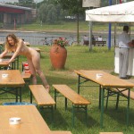 Cleaning tables in a beer garden