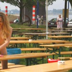 Cleaning tables in a beer garden