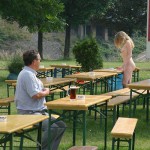 Cleaning tables in a beer garden