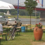 Cleaning tables in a beer garden