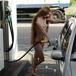 At a gas station and in a park