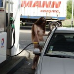 At a gas station and in a park