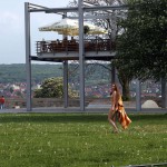 At a gas station and in a park