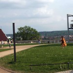 At a gas station and in a park