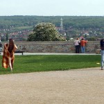 At a gas station and in a park