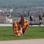 At a gas station and in a park