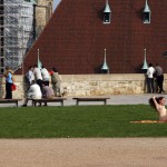 At a gas station and in a park