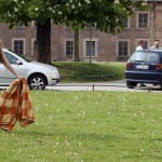 At a gas station and in a park