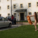 At a gas station and in a park