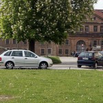 At a gas station and in a park