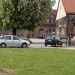 At a gas station and in a park