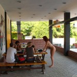 Inside a bar and in the park outside