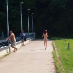 Inside a bar and in the park outside