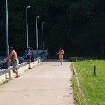 Inside a bar and in the park outside