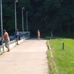 Inside a bar and in the park outside