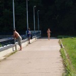 Inside a bar and in the park outside