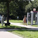 At a highway parking and in a park