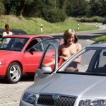 At a highway parking and in a park