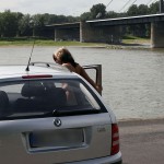 At a highway parking and in a park