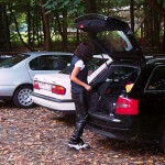 On a parking lot and a commercial area