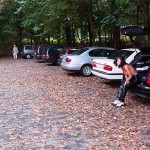 On a parking lot and a commercial area