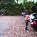 On a parking lot and a commercial area