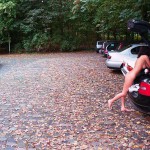 On a parking lot and a commercial area