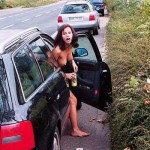 On a parking lot and a commercial area