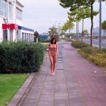 On a parking lot and a commercial area