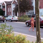 On a parking lot and a commercial area