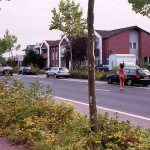 On a parking lot and a commercial area