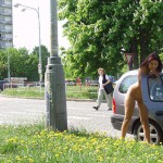 A fruit stand at a well frequented crossing