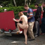 At a holiday home and in a bar with some friends