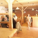 At a holiday home and in a bar with some friends