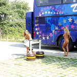 On the bus and on a playground