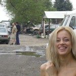 In front of and inside a car repair