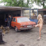 In front of and inside a car repair