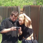 In front of and inside a car repair